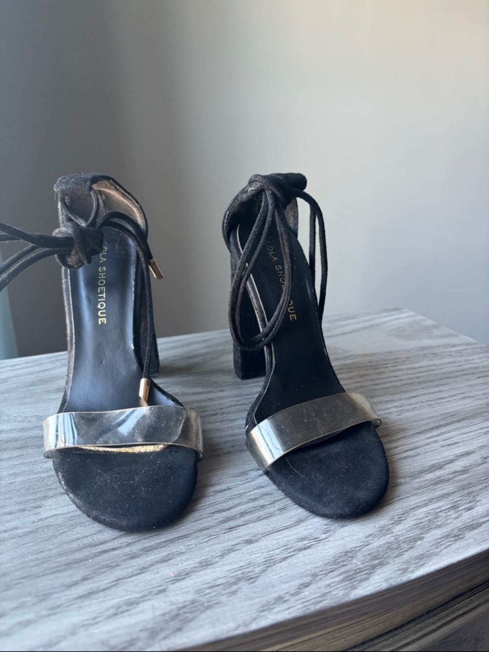 Lola Shoetique Black Suede & Silver Metallic Ankle-Tie Block Heels